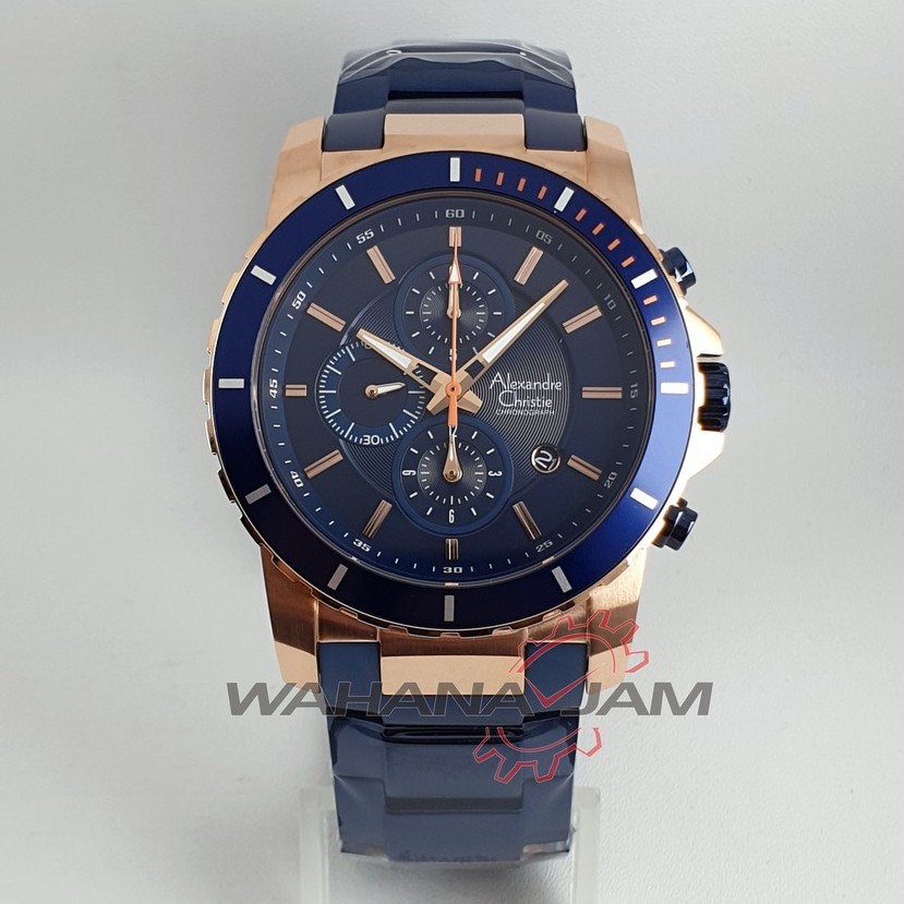 Alexandre Christie AC 6141 MCBBRBABU / AC6141 MC BBRBABU Jam Tgn Pria Rantai Steel Biru Rosegold