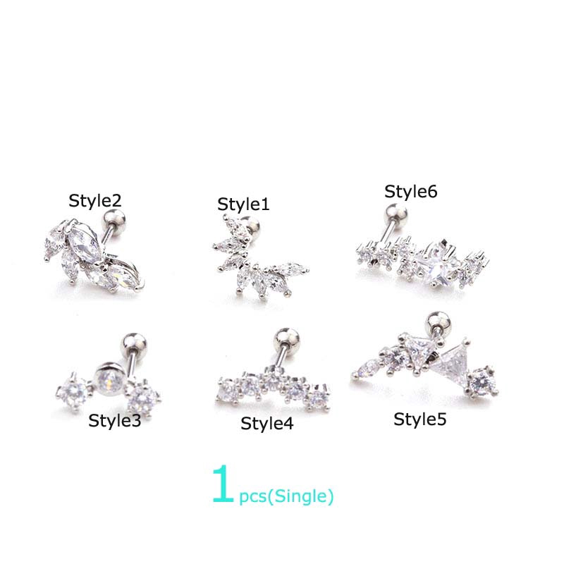 1piece Stainless Steel with Zircon Earrings Stud Daith Pinna Tragus Piercing 20G