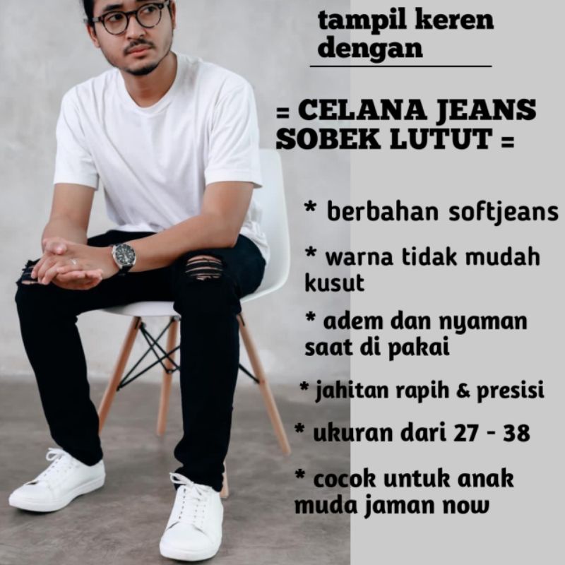 Celana Jeans Pria Sobek Lutut 27-38 Ripped Jeans softjeans hitam strech melar destroy