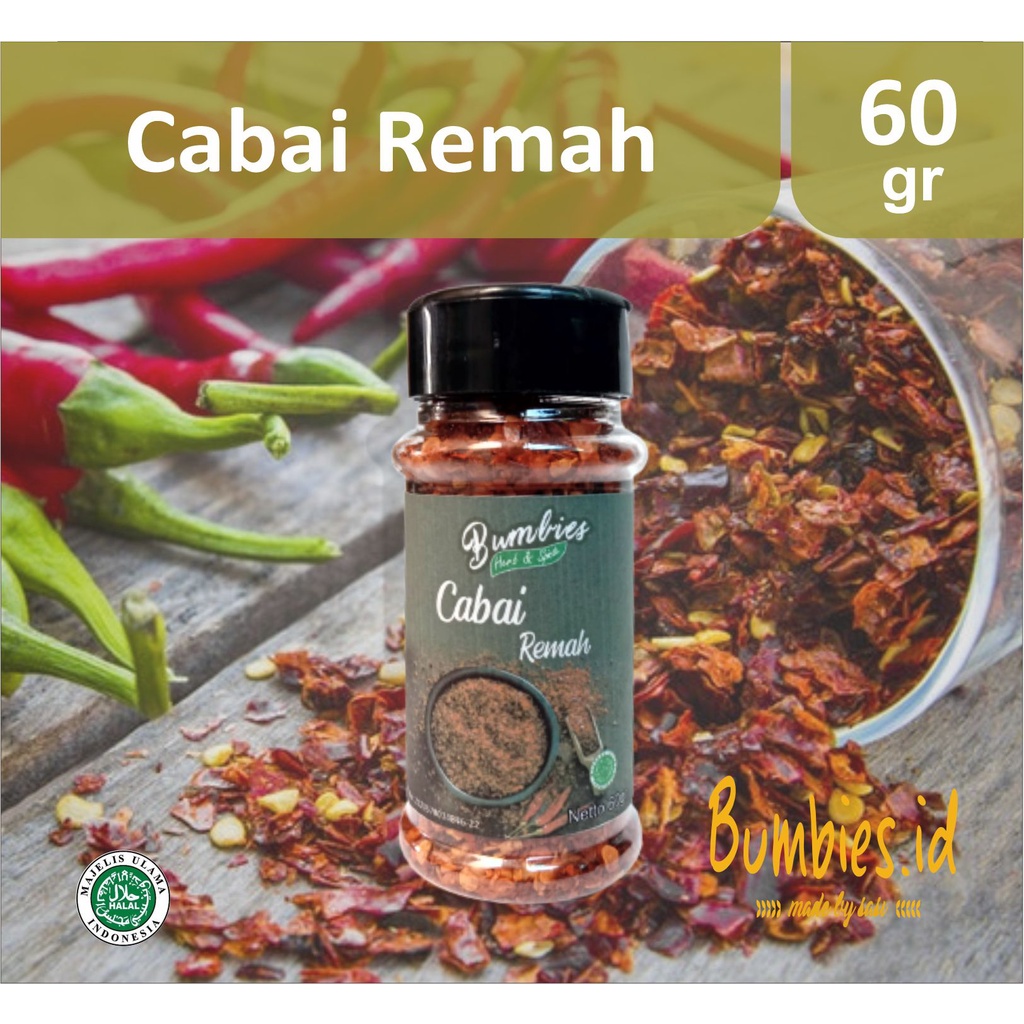 Cabai Remah 60gram Bumbies Product | chili Flake | Cabai Rawit | Cabai Kering | Bumbu Dapur Pedas | Bumbu Masakan Rempah Botol