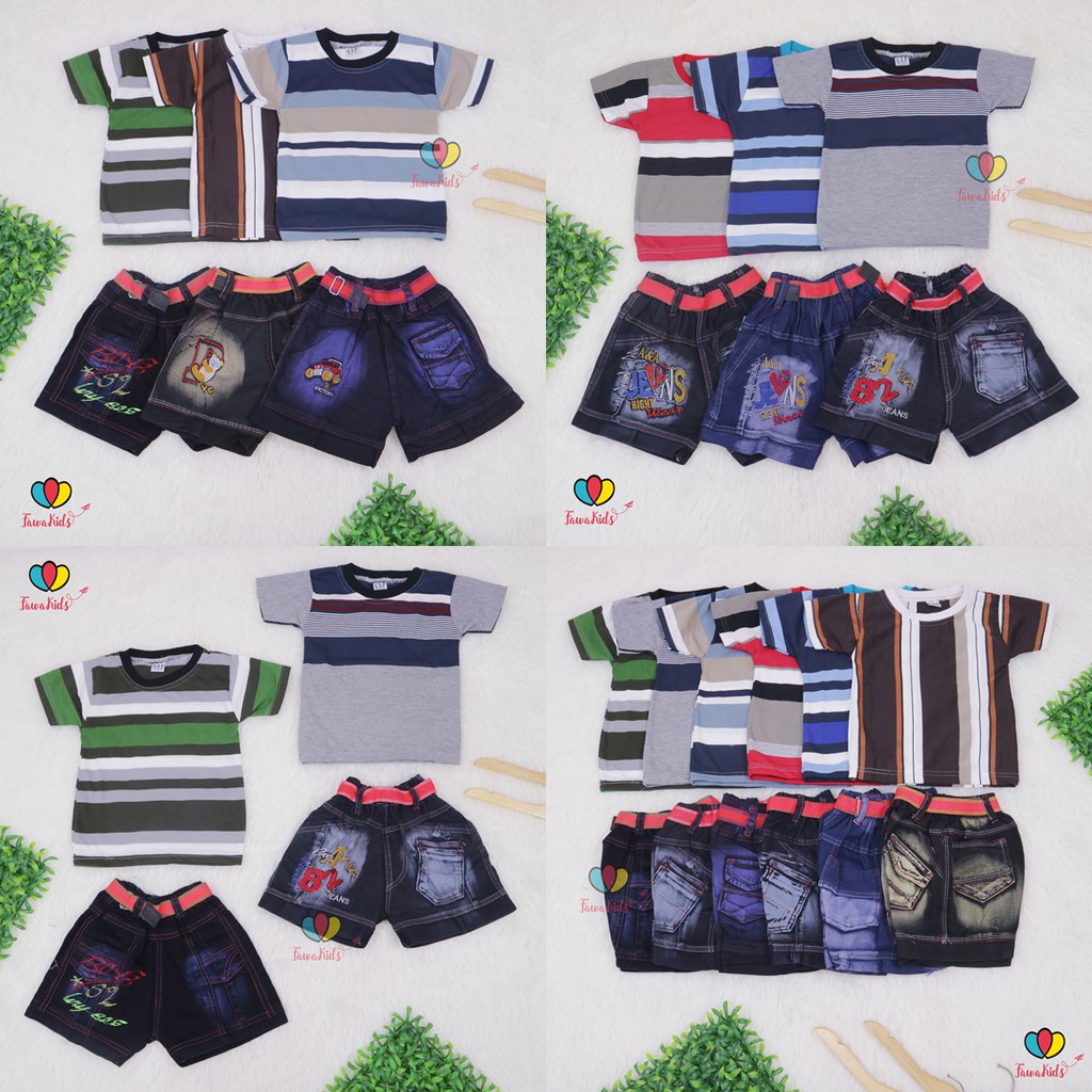 Setelan Salur Jeans uk 1-2 Tahun / Kaos Anak Murah Celana Jeans Anak Murah Setelan Anak Murah