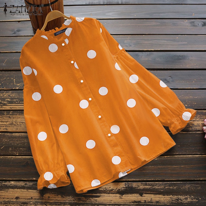 ZANZEA Women Casual Fashion Puff Sleeved Polka Dots Oversized Clubbing Blouse Loose Tops Shirts