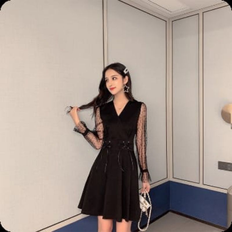Dress pesta V-neck lengan panjang patchwork mesh korea casual