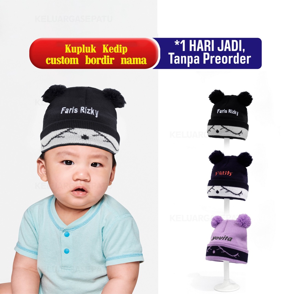 KUPLUK BORDIR NAMA BAYI COSTOM FREE NAMA ANAK POMPOM MOTIF KARAKTER LUCU CIPUT NEW BORN CEWE DAN COWO MURAH