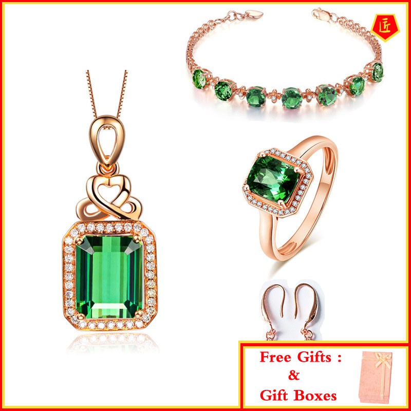 Set Perhiasan Kalung Anting Gelang Cincin Emerald Bentuk Daun Clover