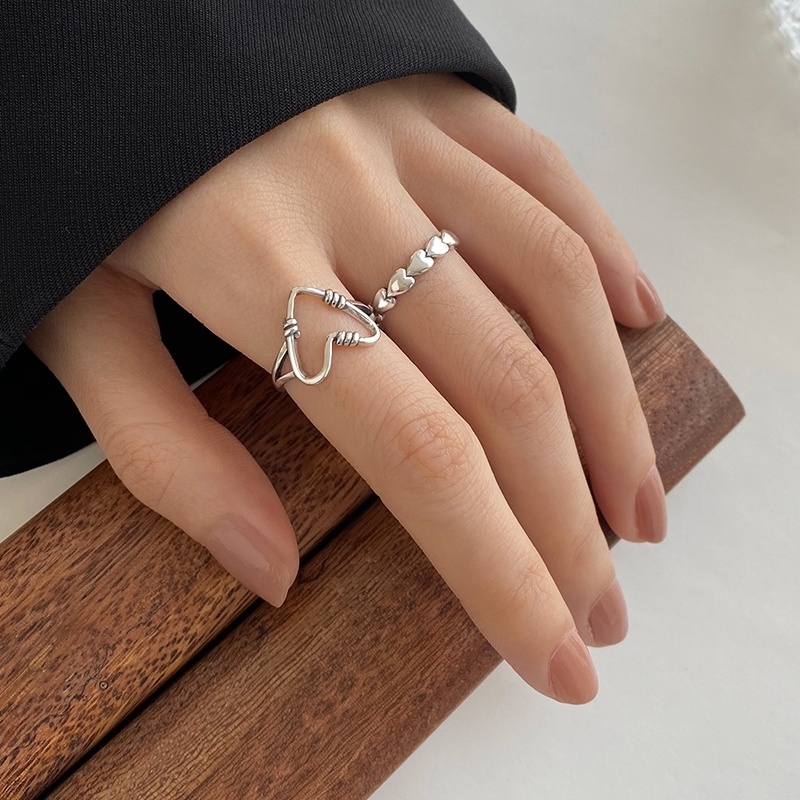 Set Perhiasan Cincin Bentuk Hati Aksen Mutiara Model Hollow Bahan Metal Alloy Warna Silver Untuk Hadiah Valentine