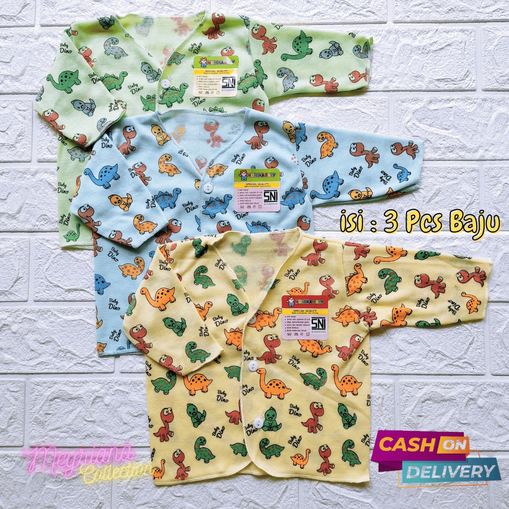 3 Pcs Baju Bayi Baru Lahir Lengan Panjang Corak Dinosaurus SNI Meyriana Collection