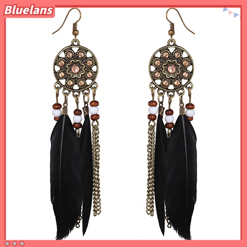 Anting Kait Gantung Panjang Desain Dream Catcher Aksen Rumbai Bulu Gaya Vintage Etnik Bohemia Untuk Wanita