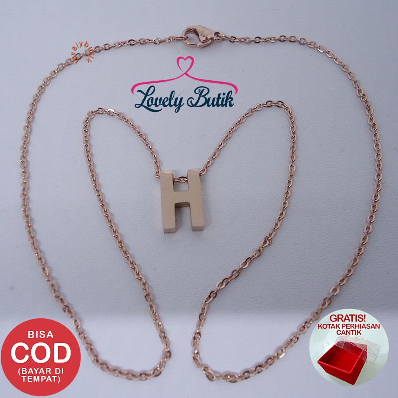 Lovelybutik Accent Kalung Huruf Titanium Anti Karat Inisial H Uk 44 cm Warna Rosegold BONUS KOTAK