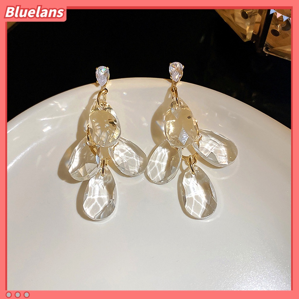 1 Pasang Anting Tusuk Gantung Wanita Desain Geometri Tetesan Air Hias Kristal Imitasi Transparan Untuk Pernikahan