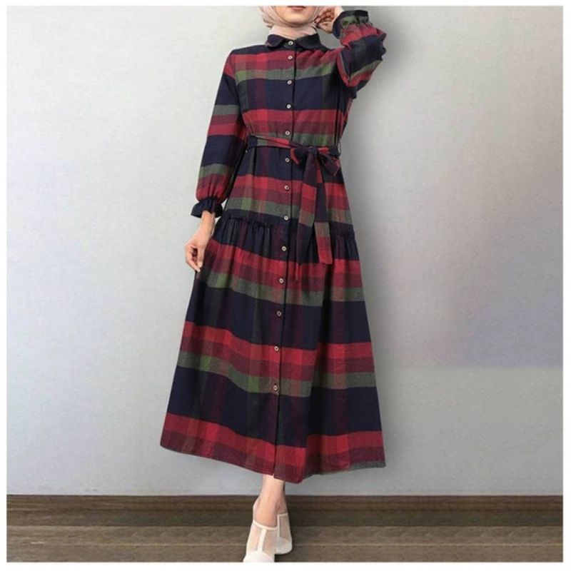 MDLV ~ 04430# Emma Plaid Shirt Dress Kotak Dress Maxi Fashion Import