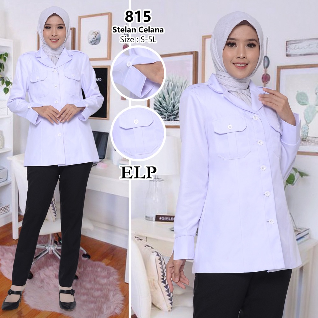 Baju Dinas Putih Wanita Kantong Dada Setelan Celana Warna Hitam Blazer Putih Polos Seragam PDH putih