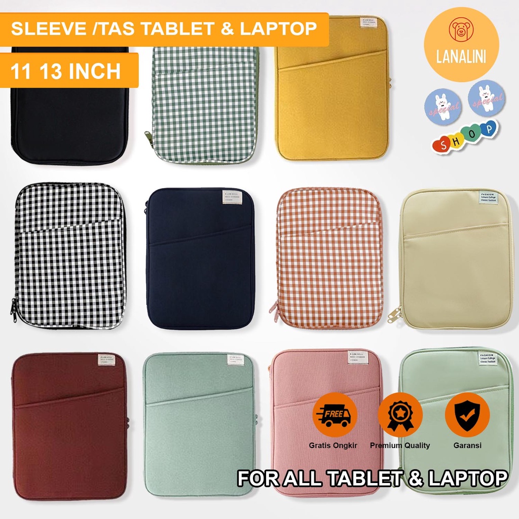 Sleeve Pouch Sarung Tas Bag Tempat Case Ipad Tab Tablet Macbook Air Pro Laptop Asus Vivobook E210 Acer Lenovo Ideapad Slim 3 D330 HP Huawei 11 12 13 14 15 inch Hitam Hijau Green Pink Biru Navy Kuning Merah Cute Murah Slot Stationary Organizer Banyak Ruang