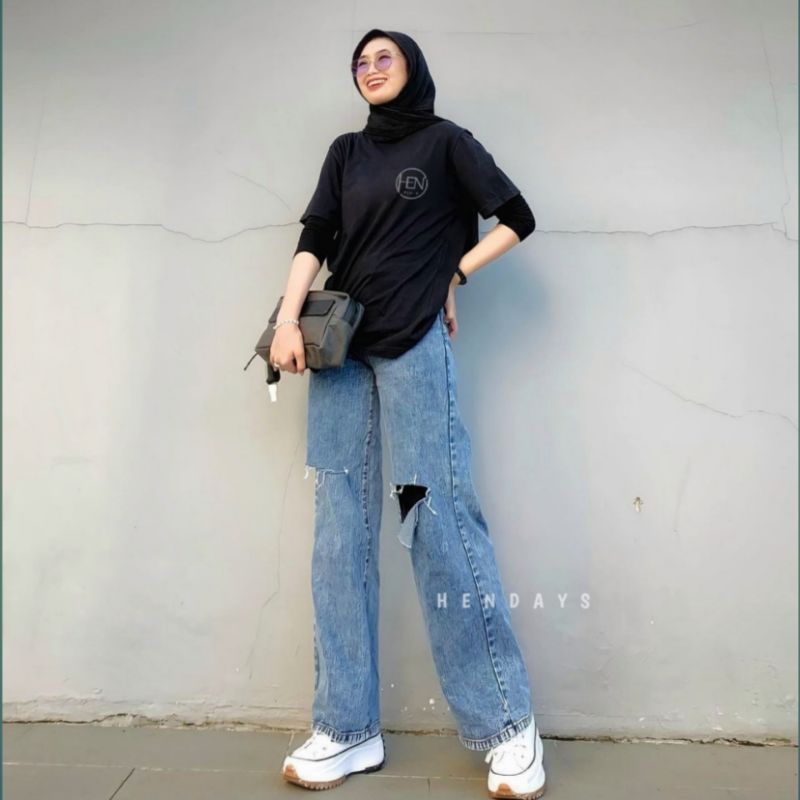 Highwaist kulot jeans sobek loose wanita snow