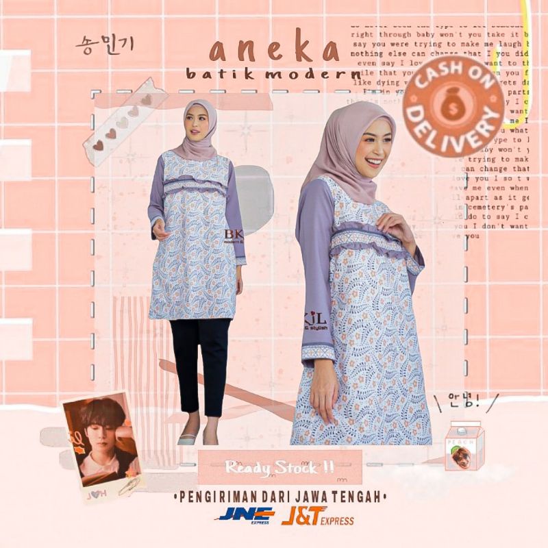 ATASAN MUSLIM WANITA TUNIK DRESS BATIK MOTIF BUNGA WARNA LILAC LAVENDER UNGU MUDA XXL PUTIH