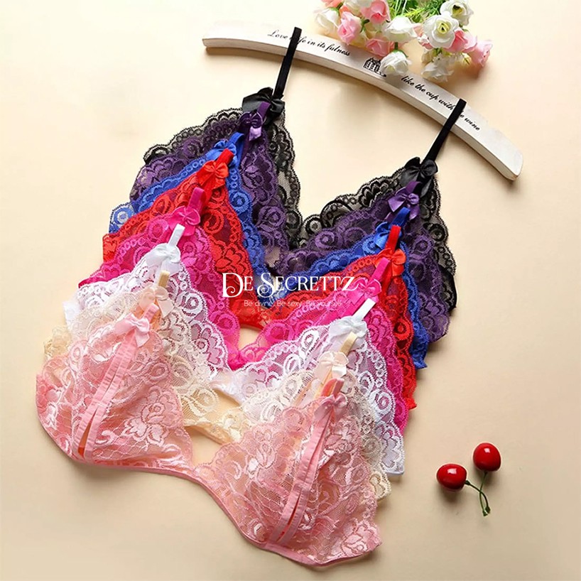 DeSecrettz LILY Lingerie Sexy Model Bra Set Transparan Dengan Open Crotch G String, Soft Lace Bikini