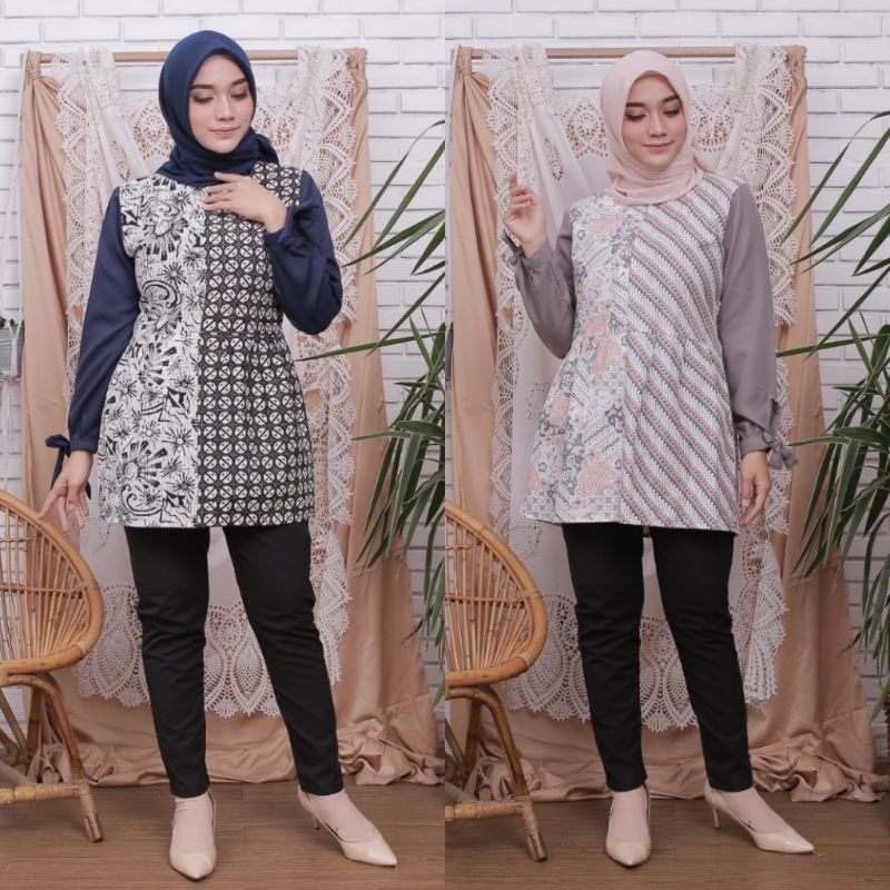 Tunik Dress Batik Wanita Dewasa Perempuan Kombinasi Kain Moscrep Kantor OOTD Kondangan Pekalongan