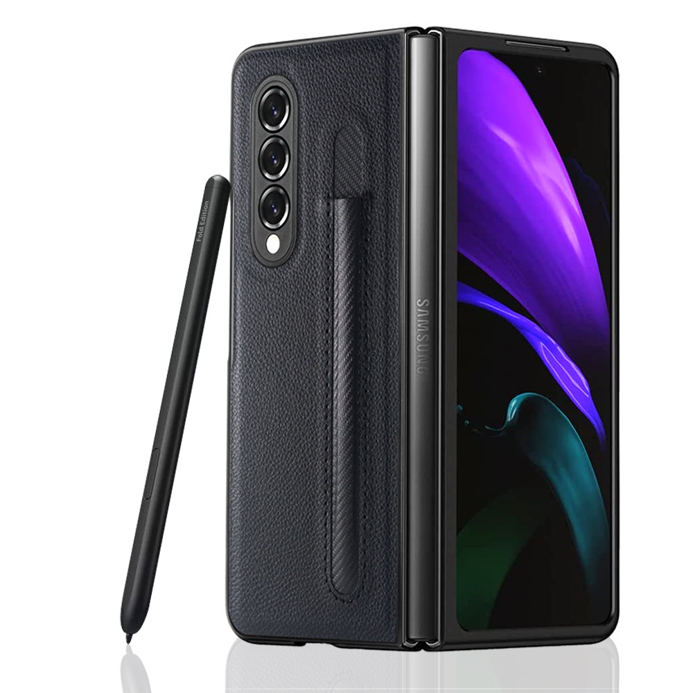 Luxury Litchi Texture PC Leather Foldable Flip Cover Case Samsung Galaxy Z Fold 3 5G Z Fold3 Shockproof Phone Casing With S Pen Holder/Slot