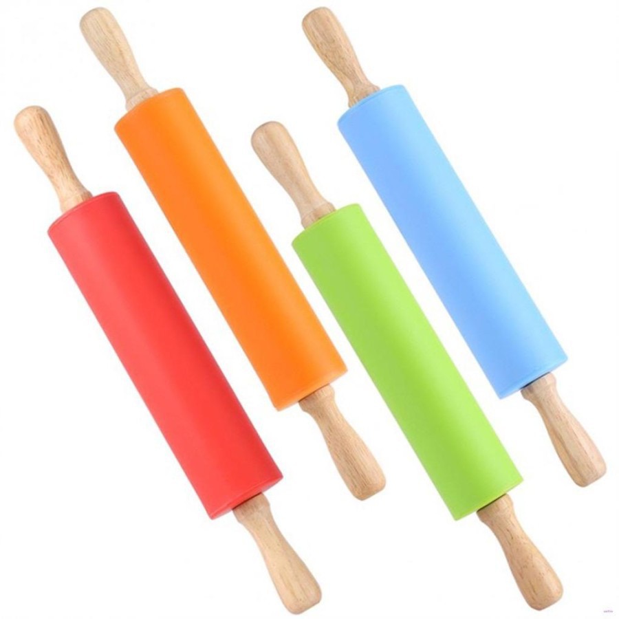 Silicone Rolling Pin Non Stick / Penggilas Adonan Silikon Handle Kayu