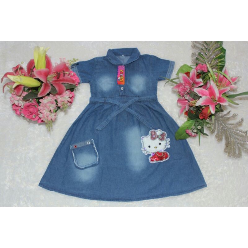 Dress Jeans Anak / Baju Jeans Anak / Baju Dress Anak Motif Karekter Boneka Hello Kitty / Bahan Jeans Ukuran 4 5 6 / M L XL