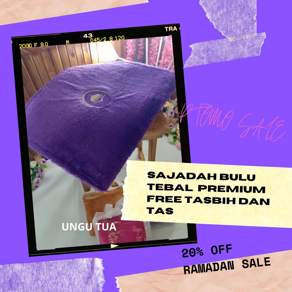 Sajadah Bulu Premium Ungu Tua Free tasbih Dan Tas