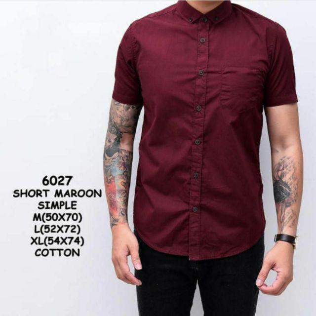 Kemeja Pria Lengan Pendek Baju Cowok Polos Putih Hitam Kasual Kerja Kantor Murah-Maroon pendek