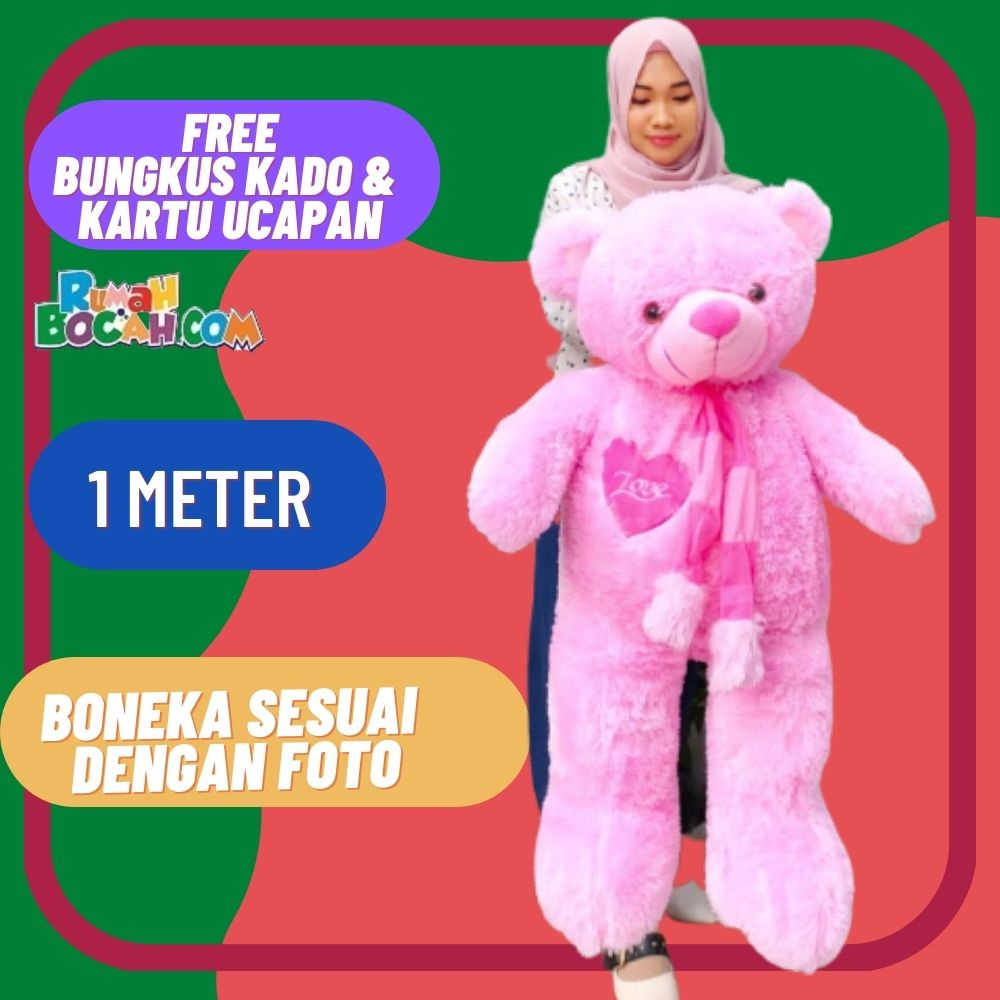 Boneka Beruang 1 Meter Teddy Bear Beruang Jumbo Besar Love Telapak Pink untuk Kado Ulang Tahun Kado 