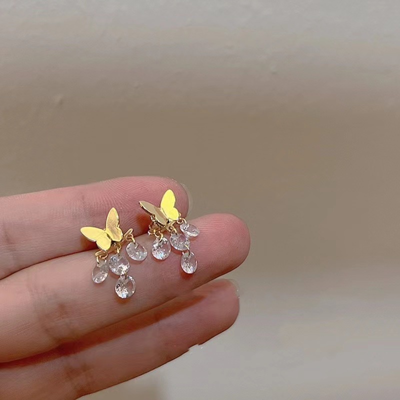 Anting Rumbai Bentuk Kupu-Kupu Warna Emas Bahan Zirkon Gaya Korea Butterfly