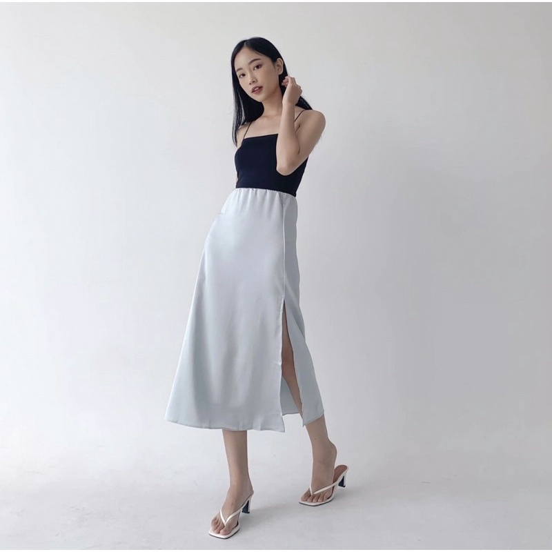 MADELINE SATIN MIDI SKIRT PREMIUM KOREA - ROK PESTA SATIN WITH SLIT MEWAH - SKIRT 3/4 - ROK KONDANGAN - HADIAH / KADO ULTAH WANITA