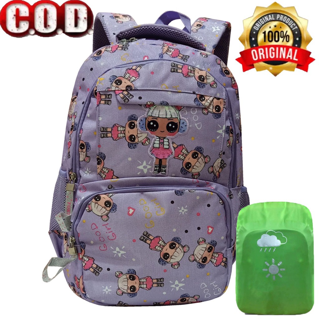 Tas Ransel Anak Sekolah SD Perempuan Motif Fortune 3F 220105 Ungu Raincover