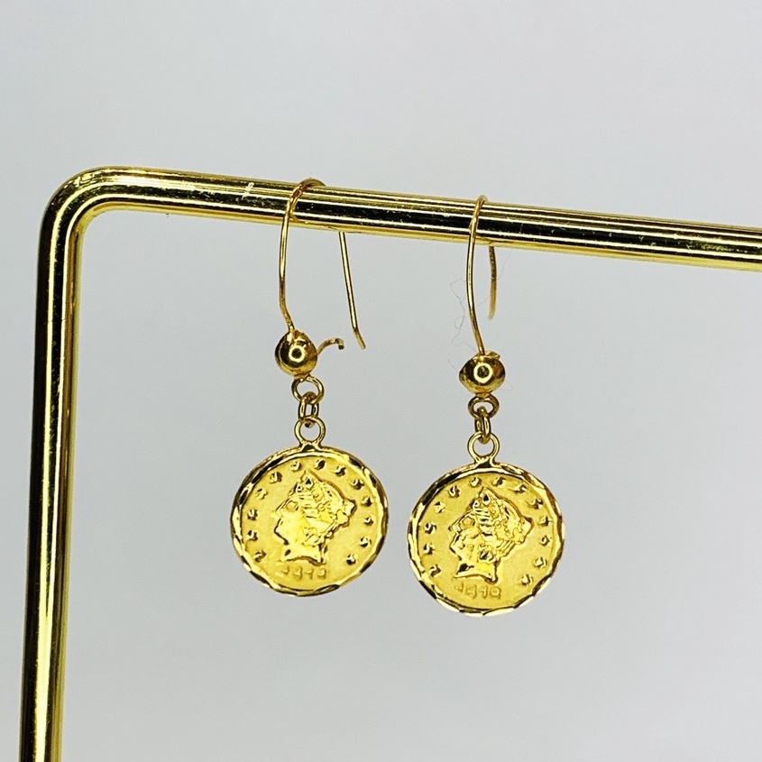 Anting Emas Asli Model Koin Pawon Paon Paun Bulat Gantung Kadar 700 16K