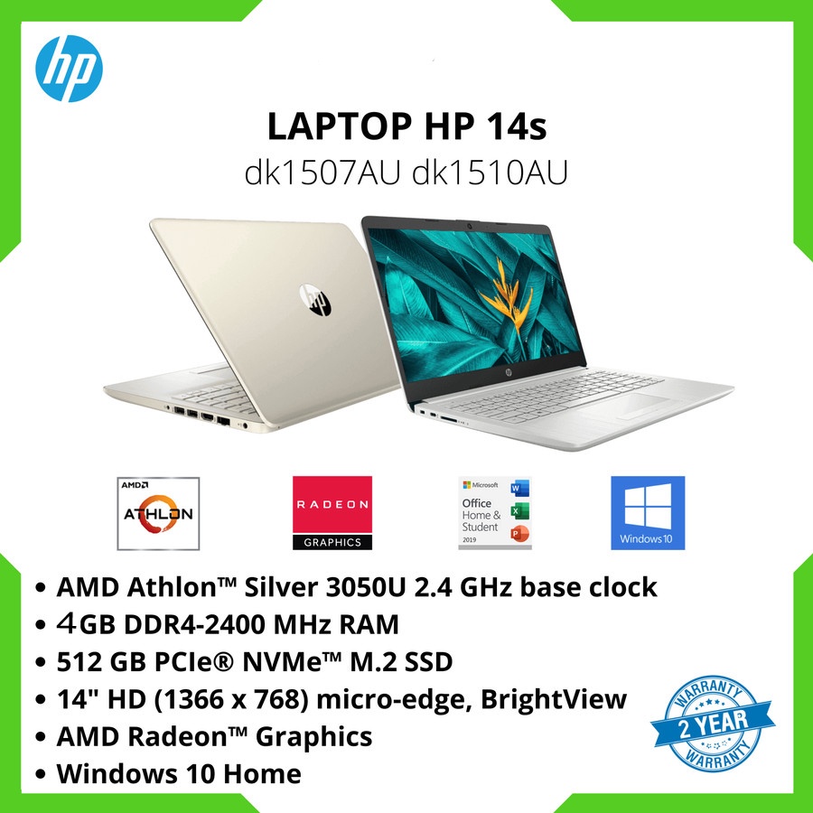 Laptop HP 14s AMD ATHLON 3050U DK1510AU 4GB 512GB SSD W10 OHS