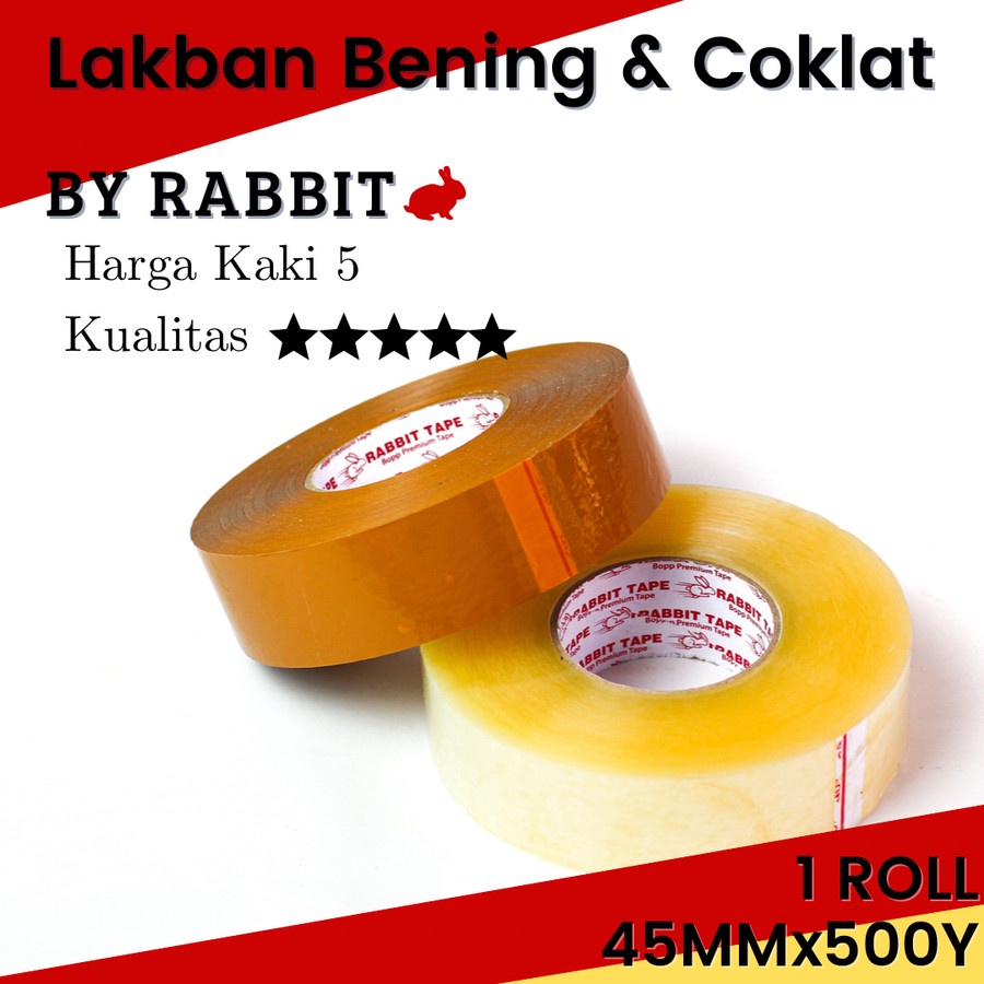 Lakban Rabbit Tape 500 yard 500Yard 300 M Meter Besar Jumbo Coklat Bening Putih Hitam Kuning Fragile