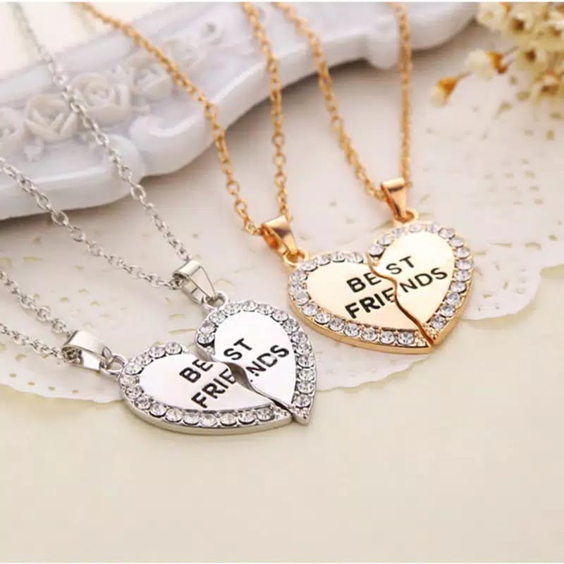 2pcs Kalung Best Friends Liontin Hati Aksen Berlian Imitasi