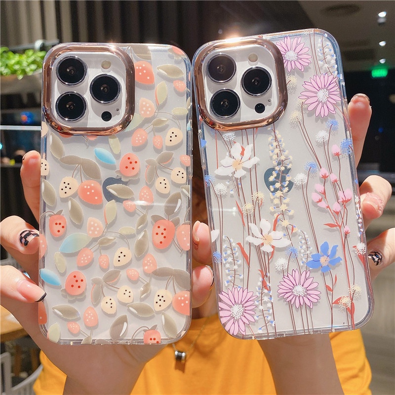 Case Pelindung Lensa Transparan Motif Bunga Bahan Metal Untuk iPhone 13 13pro 11 12proMax