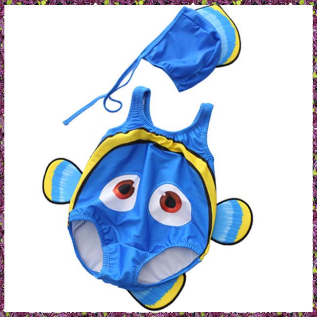 Set 2Pcs Baju Renang One Piece Topi  Motif Ikan Badut   Set 2Pcs Baju Renang One Piece Topi  Motif Ikan Badut