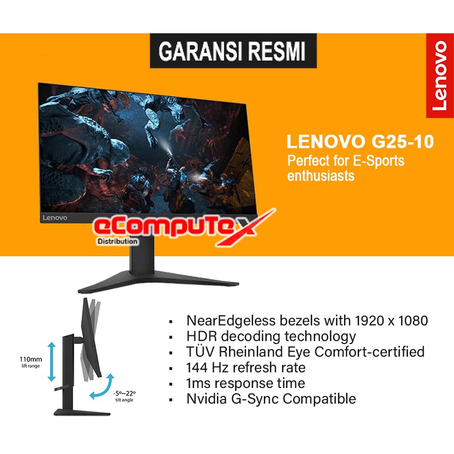 MONITOR LED LENOVO GAMING G25-10 24.5 INCH 144Hz 400CD / M - GARANSI RESMI