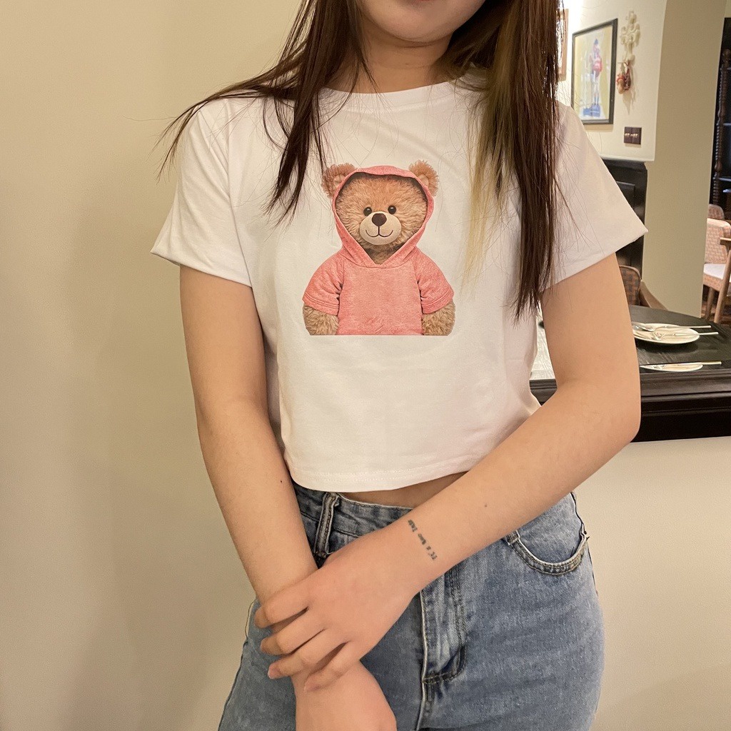 T-Shirt Bear Print CropTop / Atasan Crop top Wanita terbaru