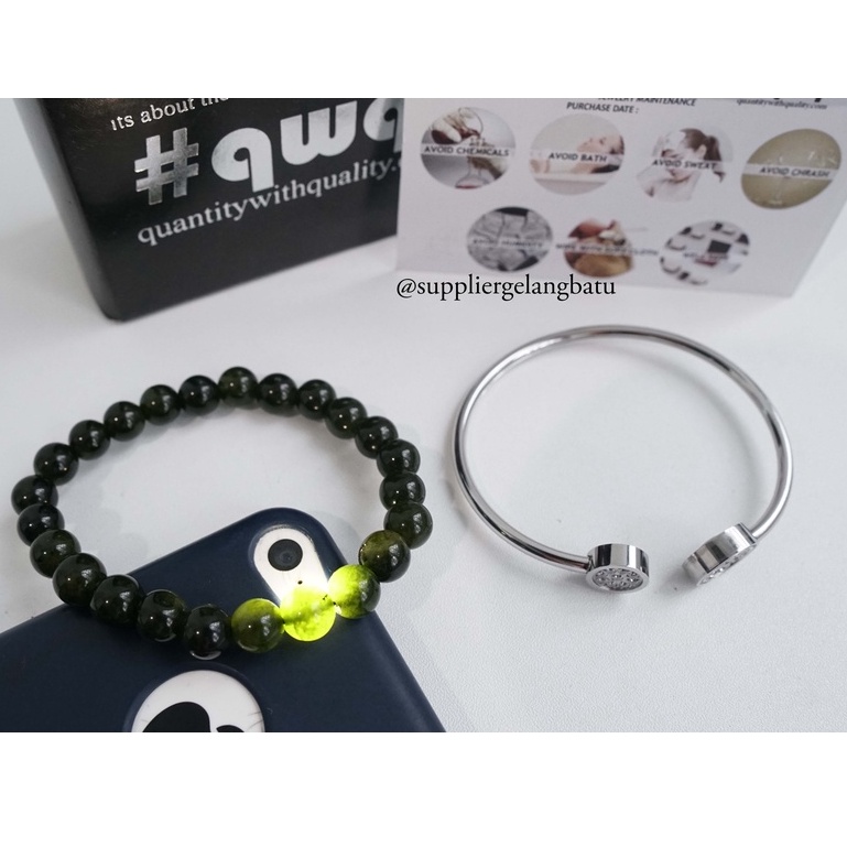 BLACK JADE dan BULAT DUA MATA gelang batu + titanium natural SWAROVSKI