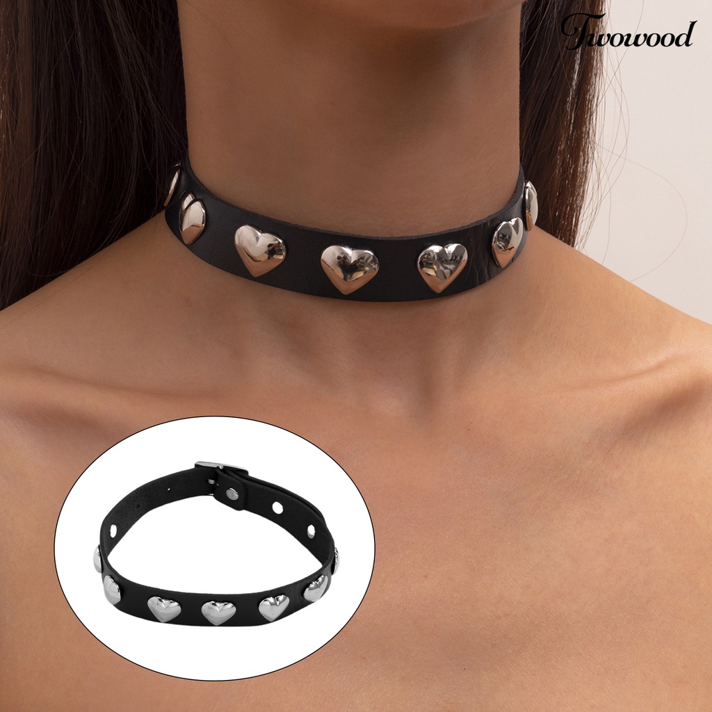 Kalung Choker Leher Bahan Kulit Imitasi Adjustable Desain Hati Gaya Gothic Untuk Wanita
