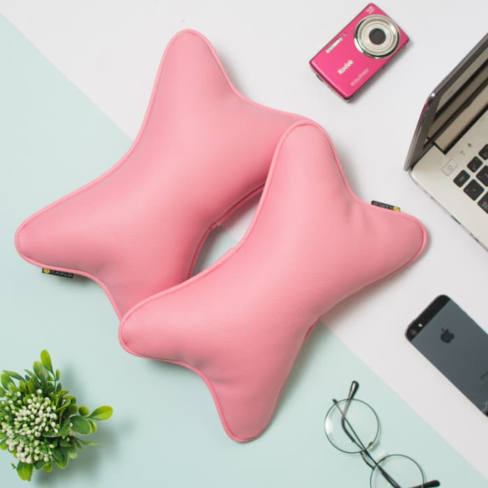 SET BANTAL HEADREST SANDARAN KEPALA JOK LEHER KURSI MOBIL PINK MUDA POLOS KULIT IMPORT B