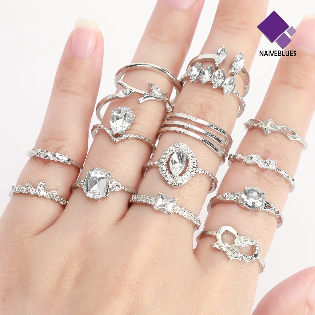 15pcs / Set Cincin Berlian Imitasi Stackable Gaya Bohemian Untuk Wanita