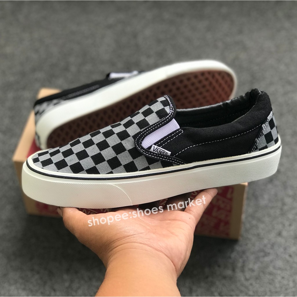 Vans Slip On Checkerboard Black Grey Sneakers Pria