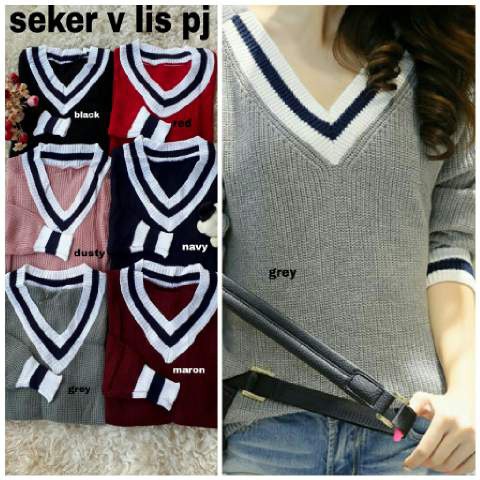 Q- SEKER V LIS/ BLOUSE RAJUT LIS/ LENGAN PANJANG