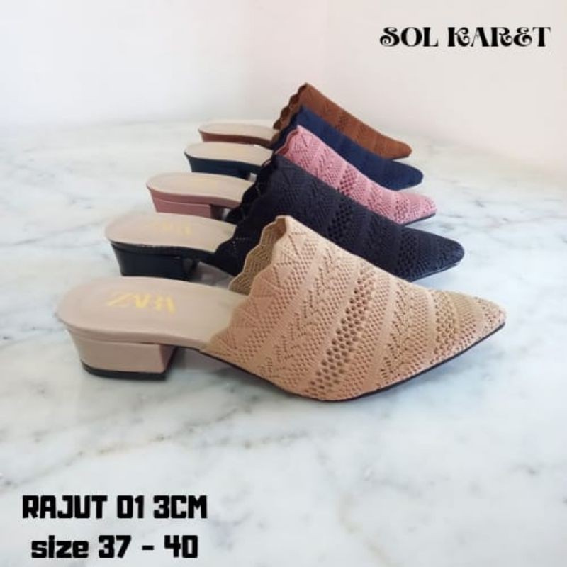 SEPATU SLOP HAK 3CM SOL KARET BAHAN RAJUT HIGH QUALITY TERLARIS