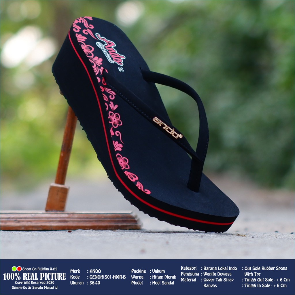 Sendal wanita wedges spon jepit original sandal cewek perempuan dewasa hak rata tinggi 5cm kwalitas import branded Ando Gendhis 03 01 ibu-ibu promo keren murah cod 36-40-GENDHIS01-HTMMERAH