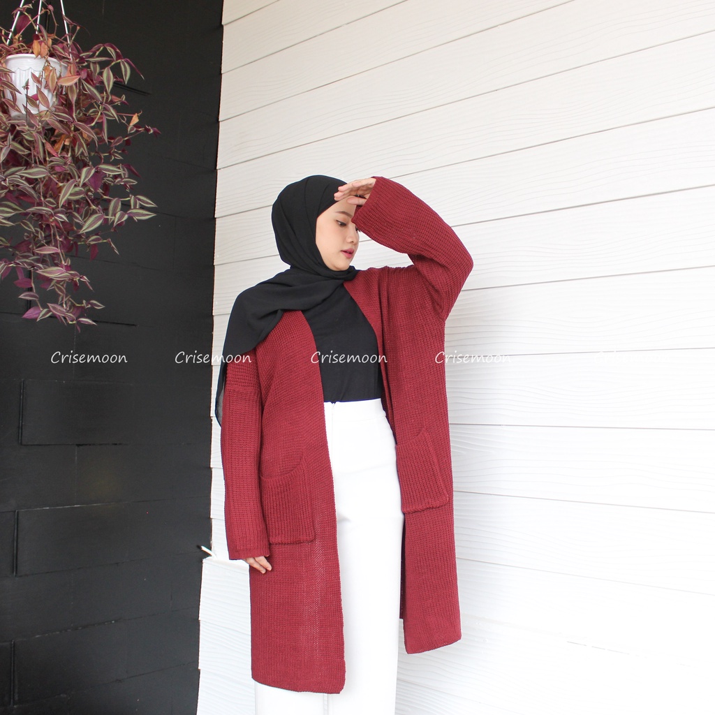 Long cardigan rajut oversize / cardigan Rajut panjang / Cardigan Rajut Longcardy Oversize Tebal-MAROON