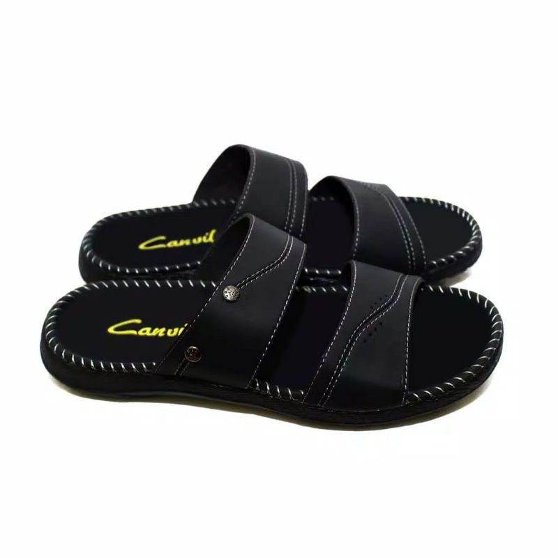 BELI 1 GRATIS 1 / Sandal Kulit / Sandal Pria / Sandal Slide / Sandal Casual Pria/ Sandal Slop AM-04-Hitam