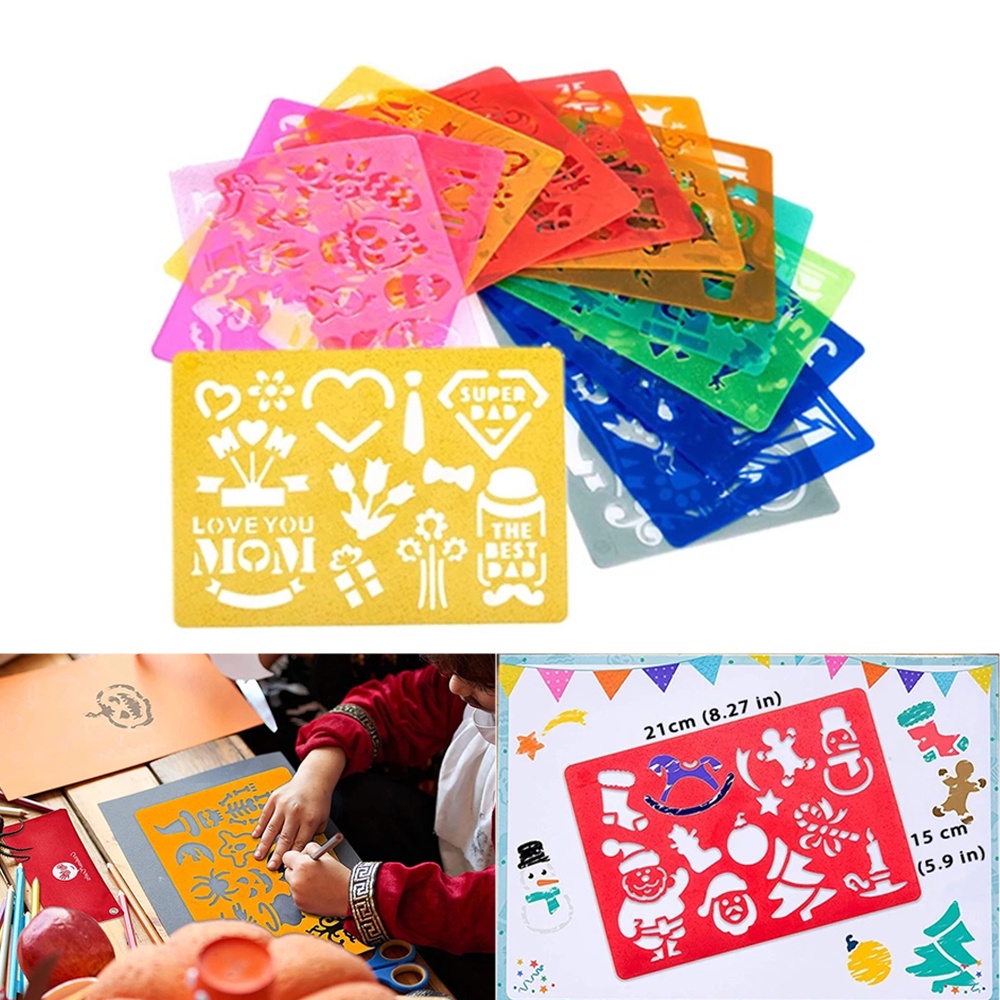 QUINTON Kids Stationery Art Tool Pattern Stencils Drawing Template Numbers Color Board Children Learning 20pcs Education Aids English letter Painting Rulers/Multicolor