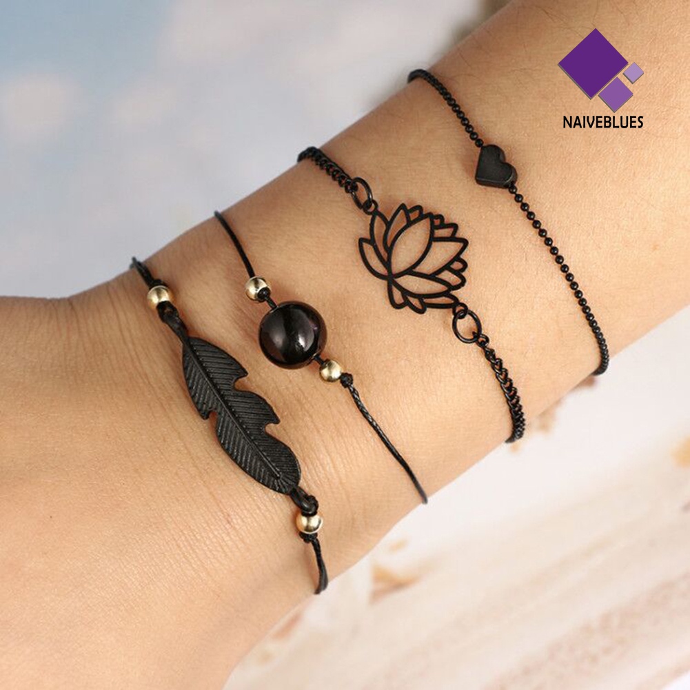 Naiveblue 4Pcs / Set Gelang Tangan Rantai Fashion Aksen Hati / Lotus / Bola / Daun Untuk Perhiasan Wanita